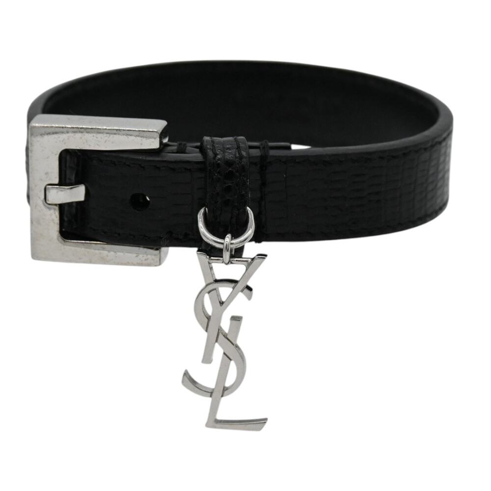 Saint Laurent Black Embossed Leather YSL Logo Charm Bracelet - Picture 3 of 11